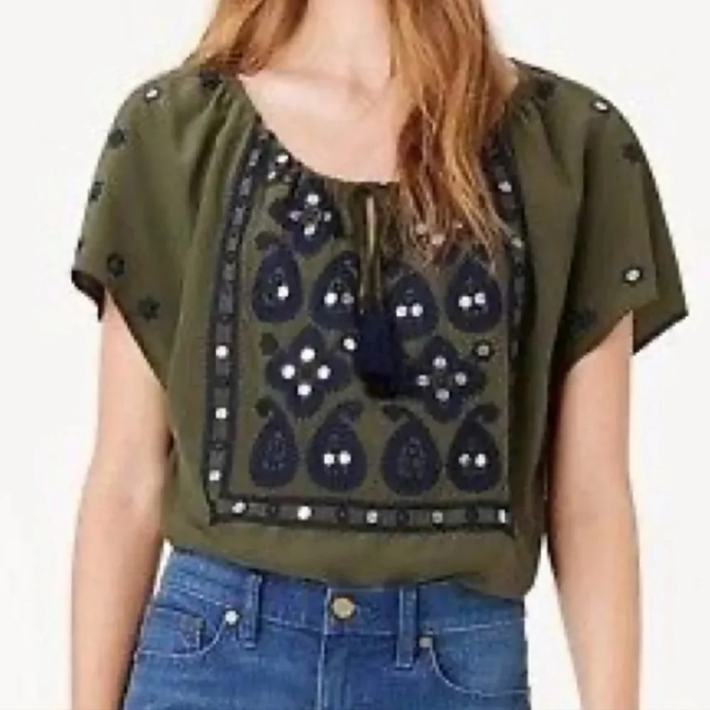 Tory‎ Burch Olive Green Embroidered Silk Blouse